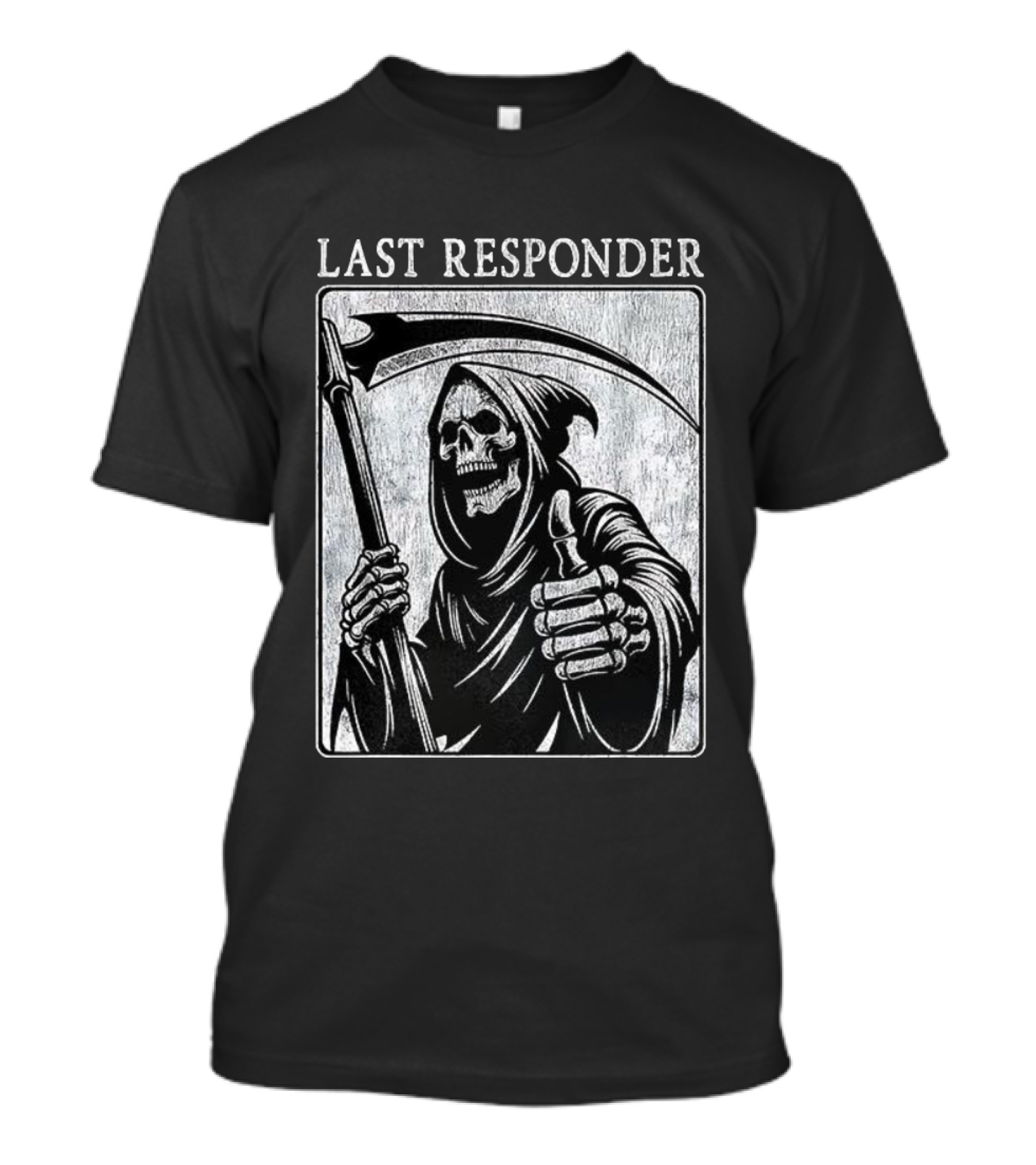 Grim Reaper Thumbs Up Last Responder Skeleton Scythe T-Shirt