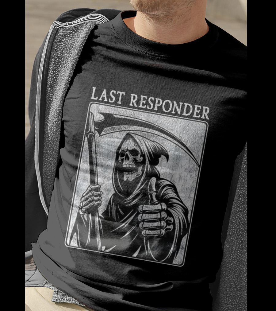 Grim Reaper Thumbs Up Last Responder Skeleton Scythe T-Shirt