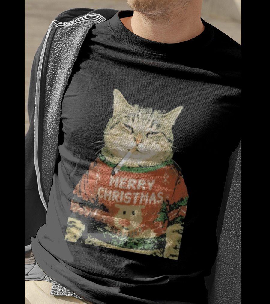 Merry Christmas Cat Sweater Smoking Cat Holiday Bear T-Shirt