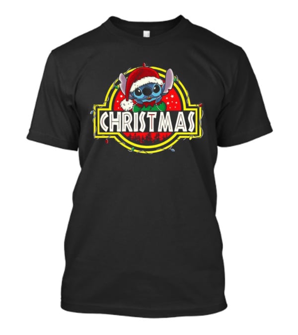 Stitch Santa Hat Ohana Stitchmas Christmas Jurassic Park Theme T-Shirt