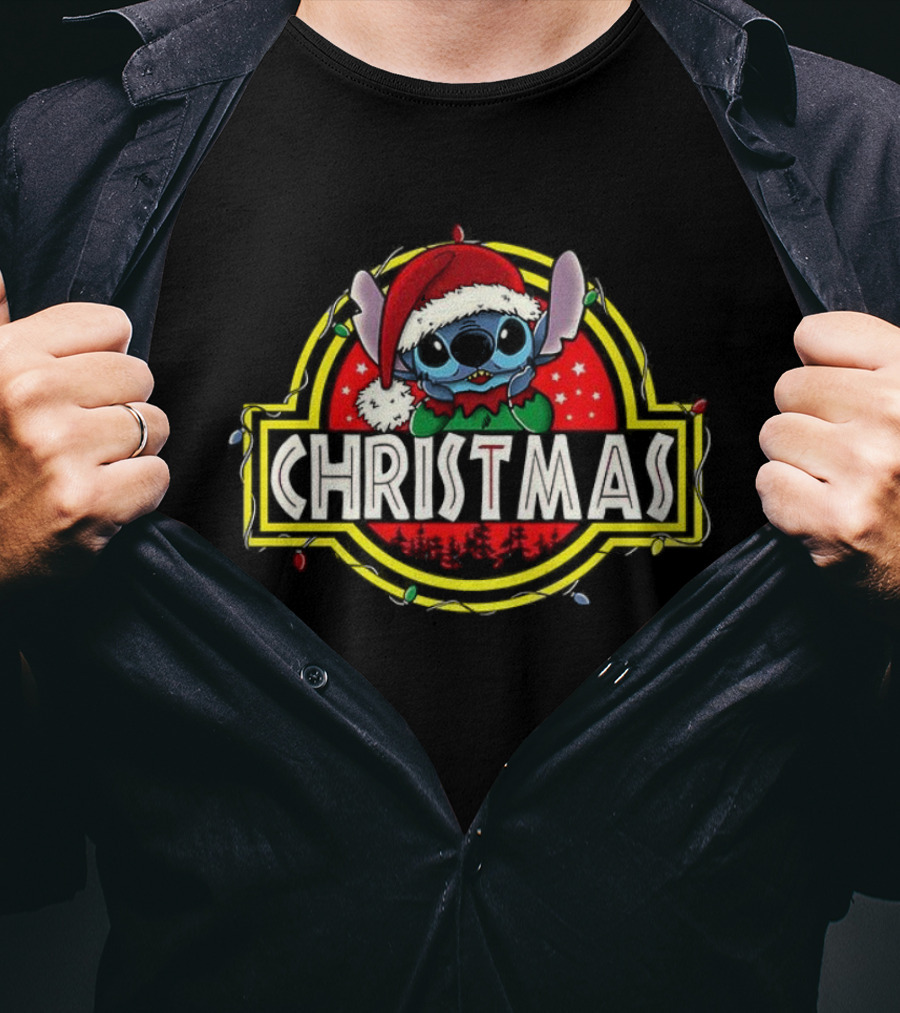 Stitch Santa Hat Ohana Stitchmas Christmas Jurassic Park Theme T-Shirt