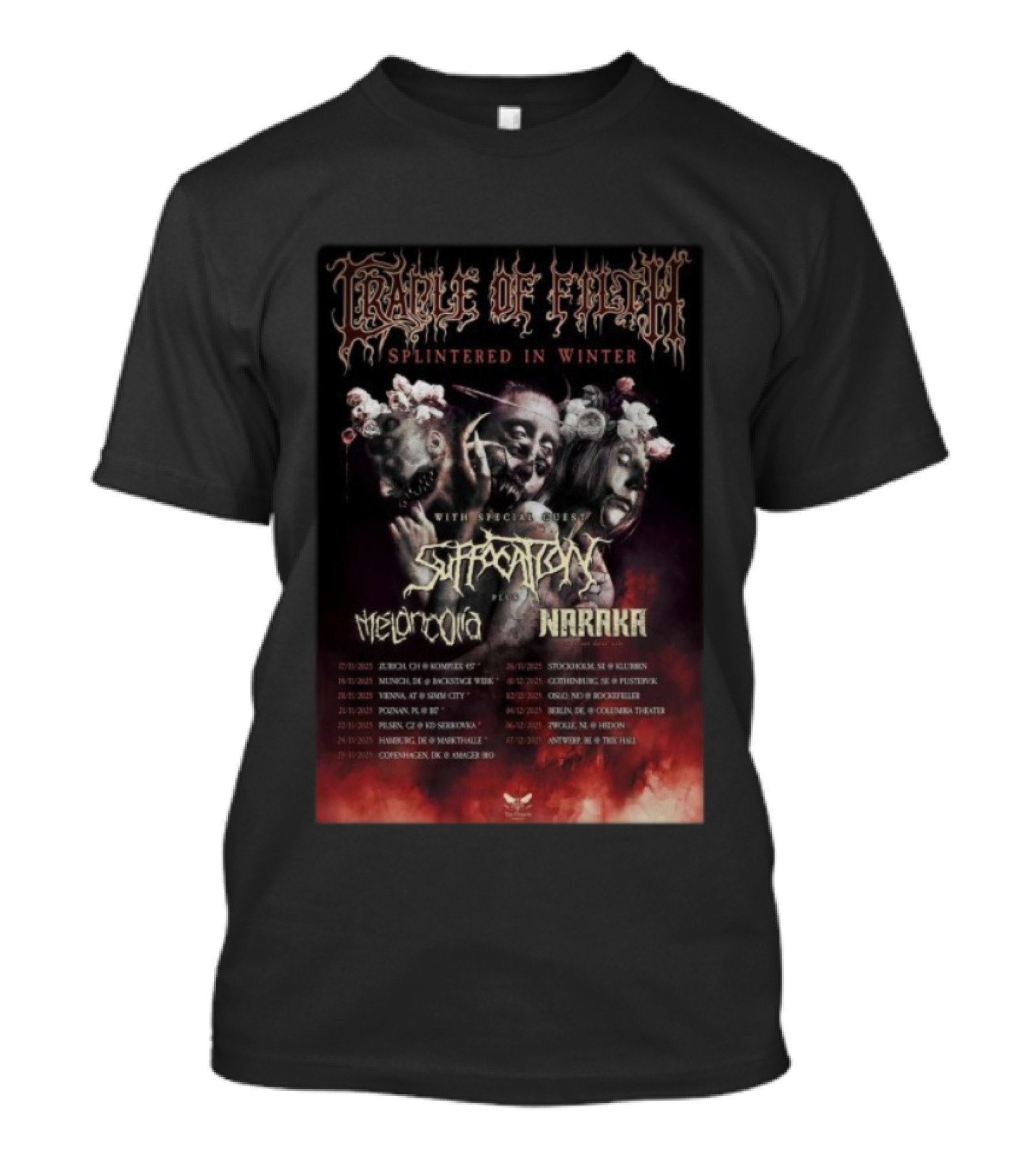 Cradle Of Filth Splintered In Winter Tour 2025 Suffocation Melancholia Naraka Dates T-Shirt