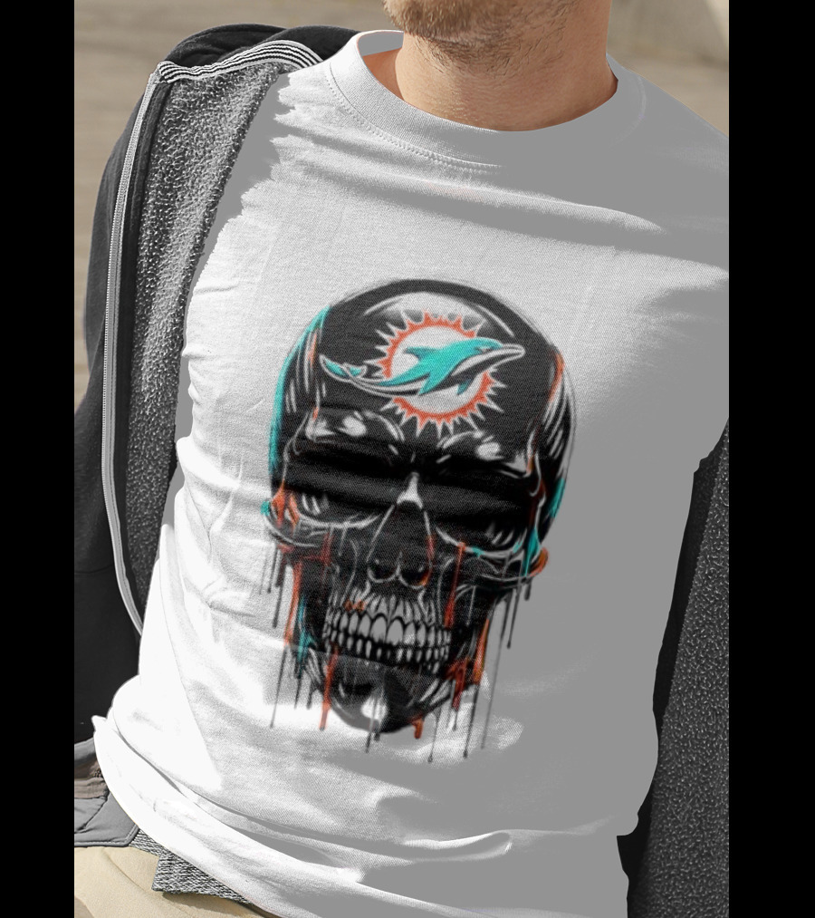 Miami Dolphins Skull Black Art Football Team Skull Fusion T-Shirt