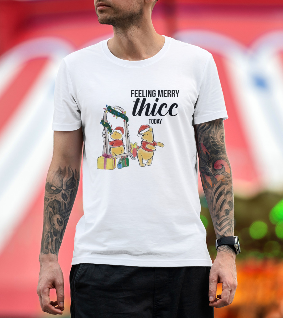 Winnie The Pooh Feeling Merry Thicc Today Christmas Mirror Reflection Holiday Gifts Santa Hat T-Shirt