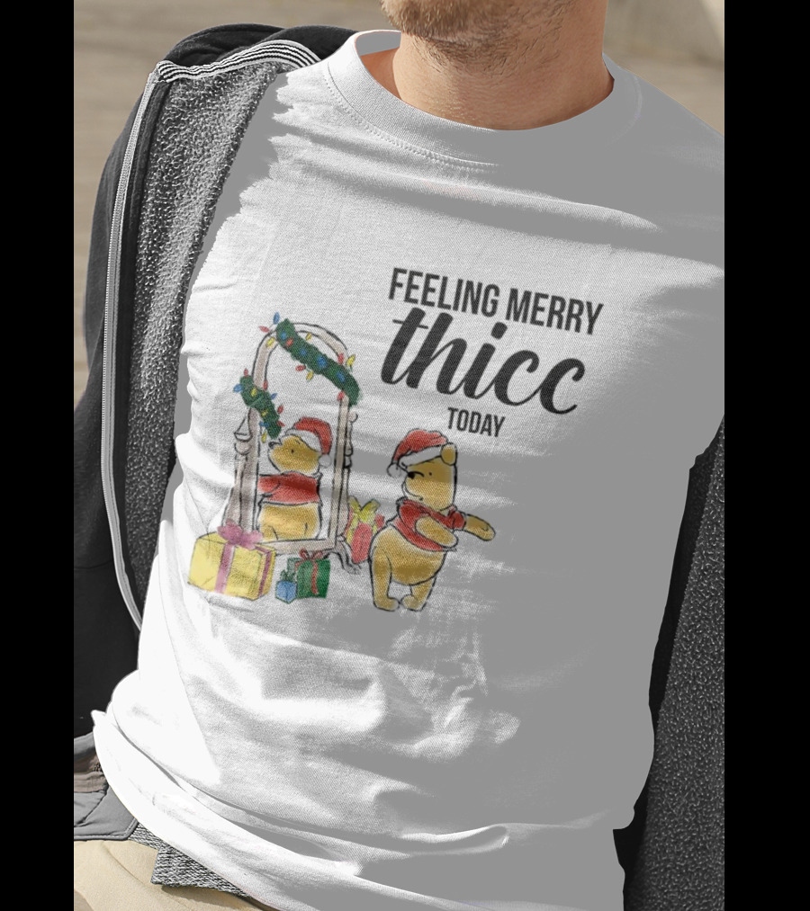 Winnie The Pooh Feeling Merry Thicc Today Christmas Mirror Reflection Holiday Gifts Santa Hat T-Shirt