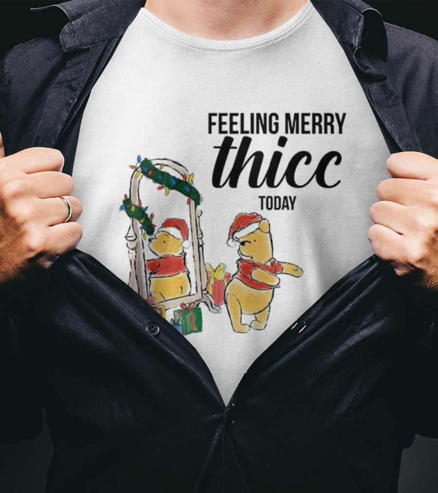 Winnie The Pooh Feeling Merry Thicc Today Christmas Mirror Reflection Holiday Gifts Santa Hat T-Shirt