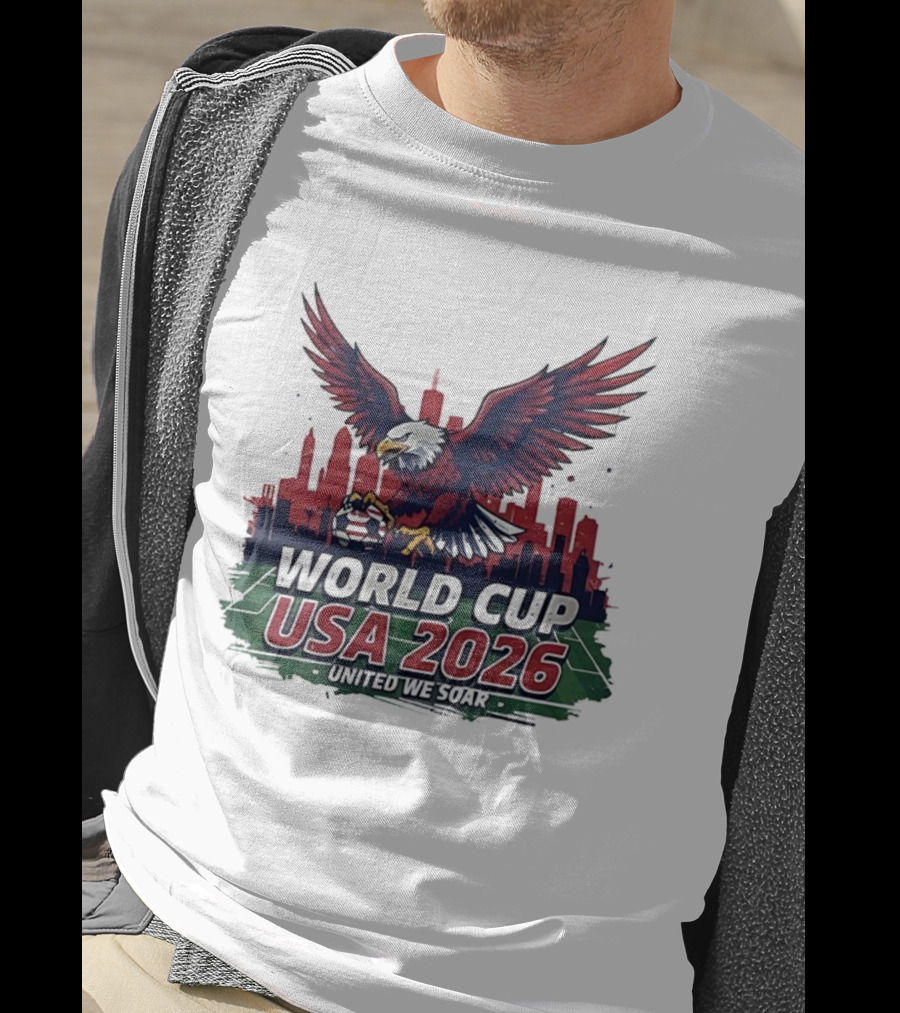 World Cup USA 2026 Bald Eagle United We Soar City Skyline Football Field T-Shirt