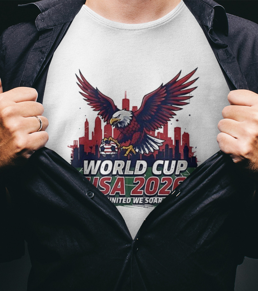 World Cup USA 2026 Bald Eagle United We Soar City Skyline Football Field T-Shirt