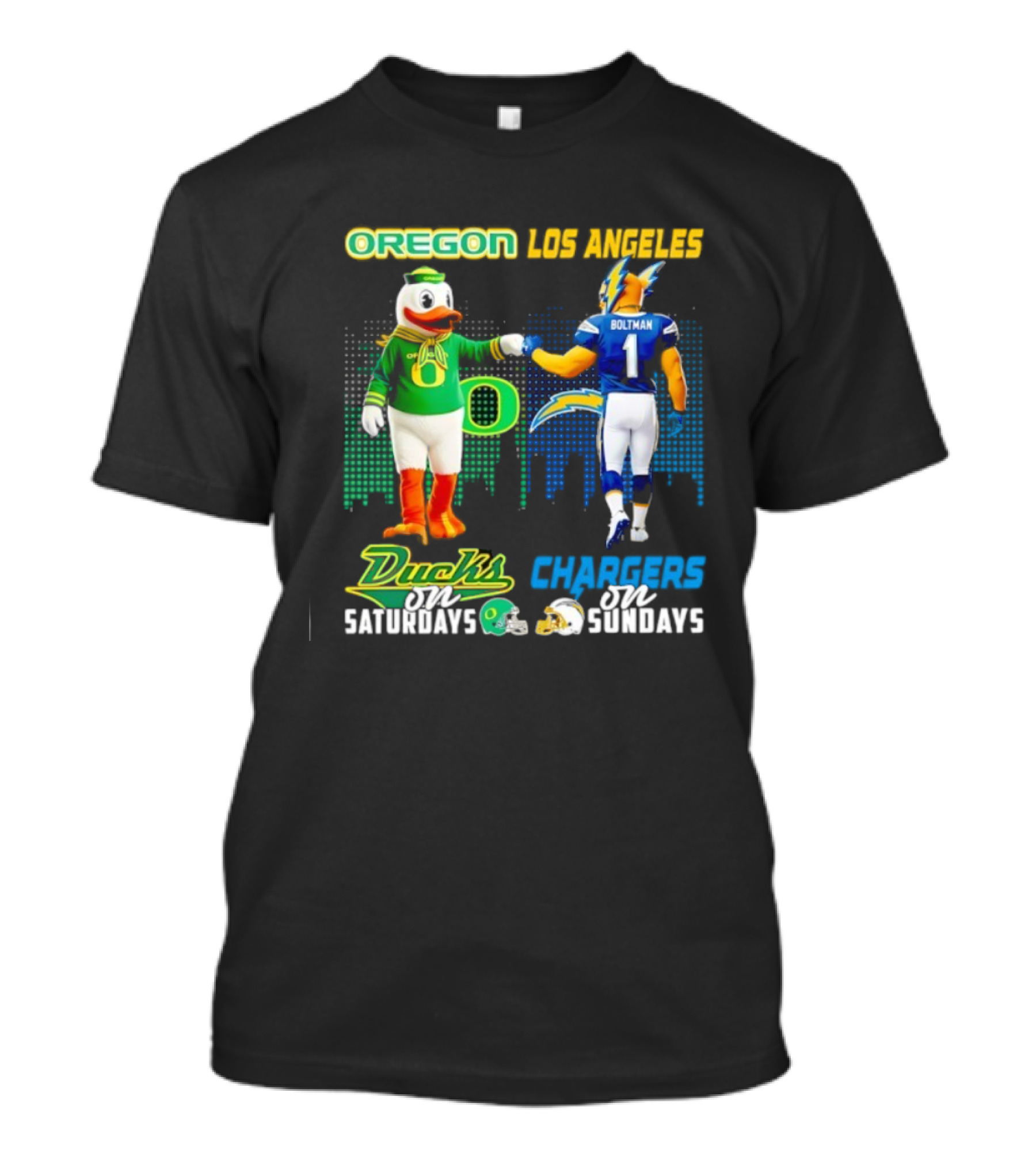 Oregon Ducks Saturdays Los Angeles Chargers Sundays Mascot Matchup T-Shirt