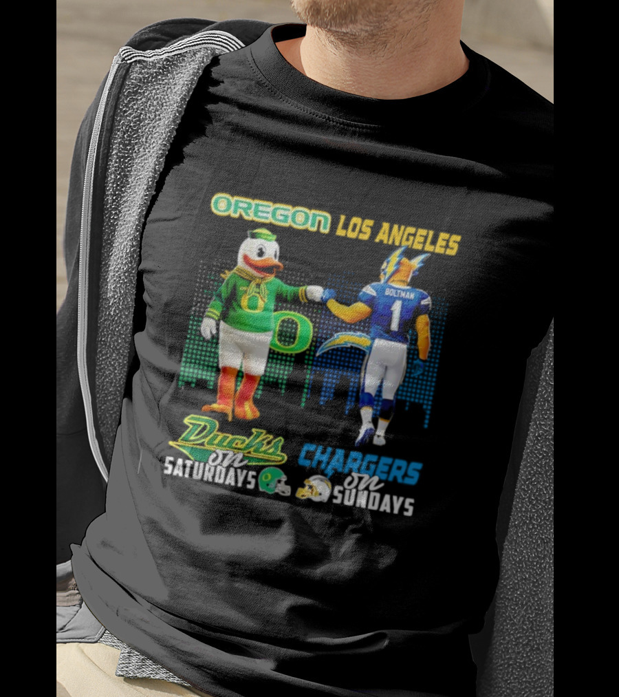 Oregon Ducks Saturdays Los Angeles Chargers Sundays Mascot Matchup T-Shirt