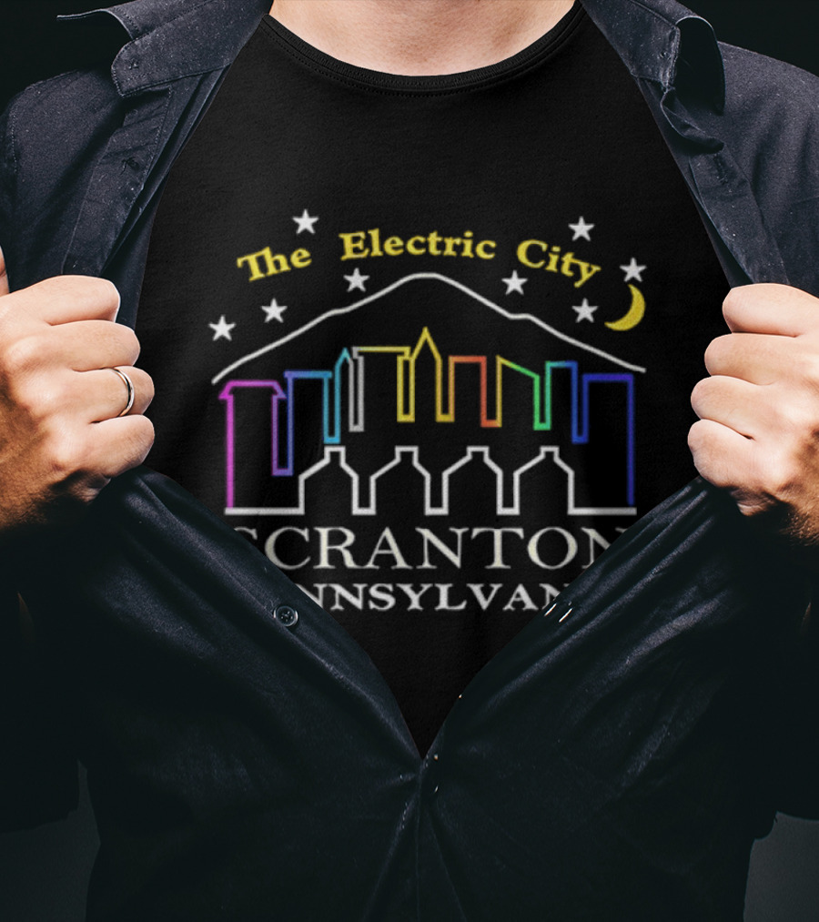 The Electric City Scranton Pennsylvania Skyline Stars Moon Colorful Outlines T-Shirt