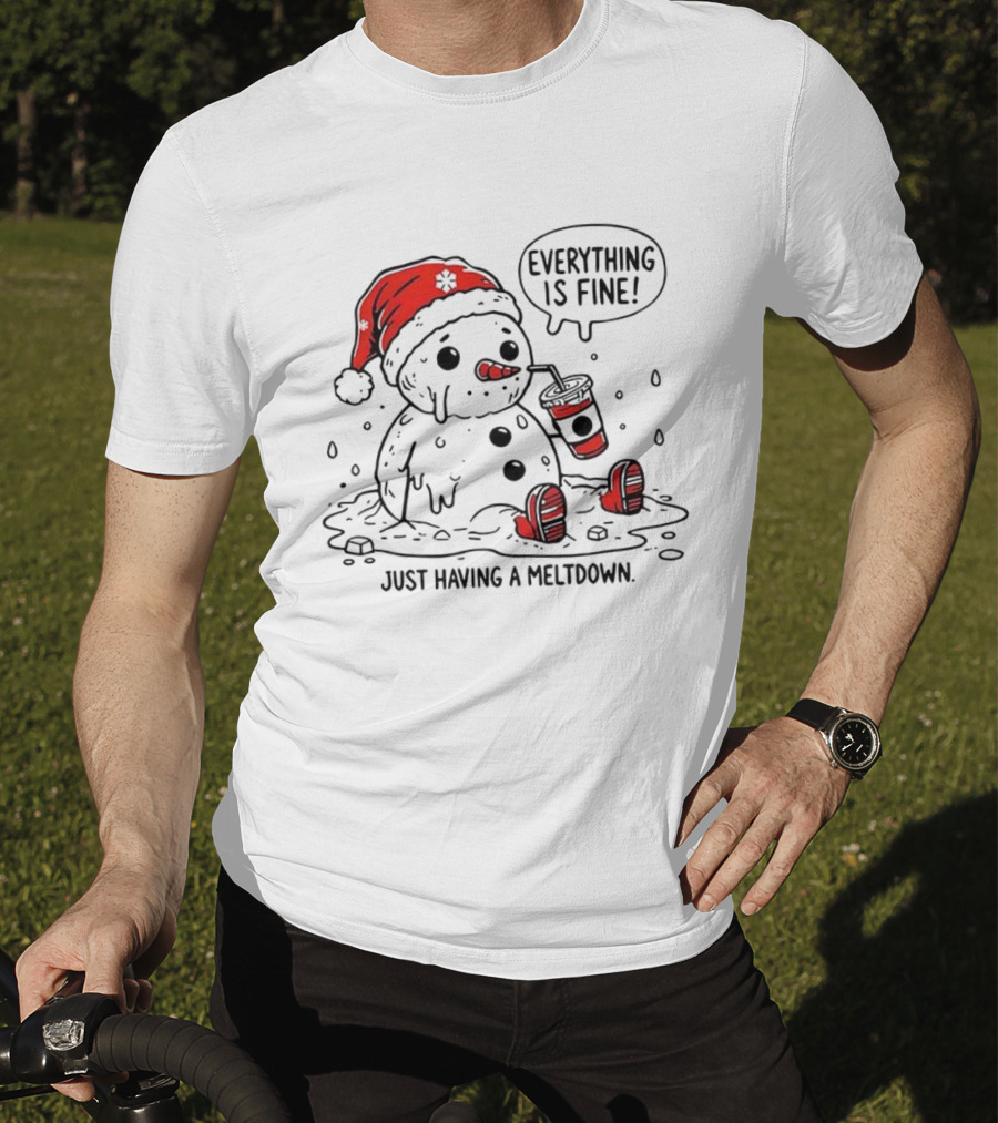 Everything Is Fine Snowman Just Having A Meltdown Red Beanie Funny Winter T-Shirt