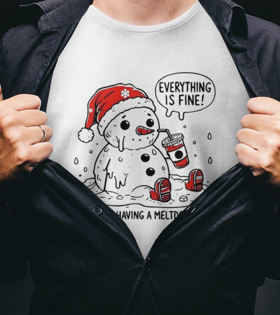 Everything Is Fine Snowman Just Having A Meltdown Red Beanie Funny Winter T-Shirt