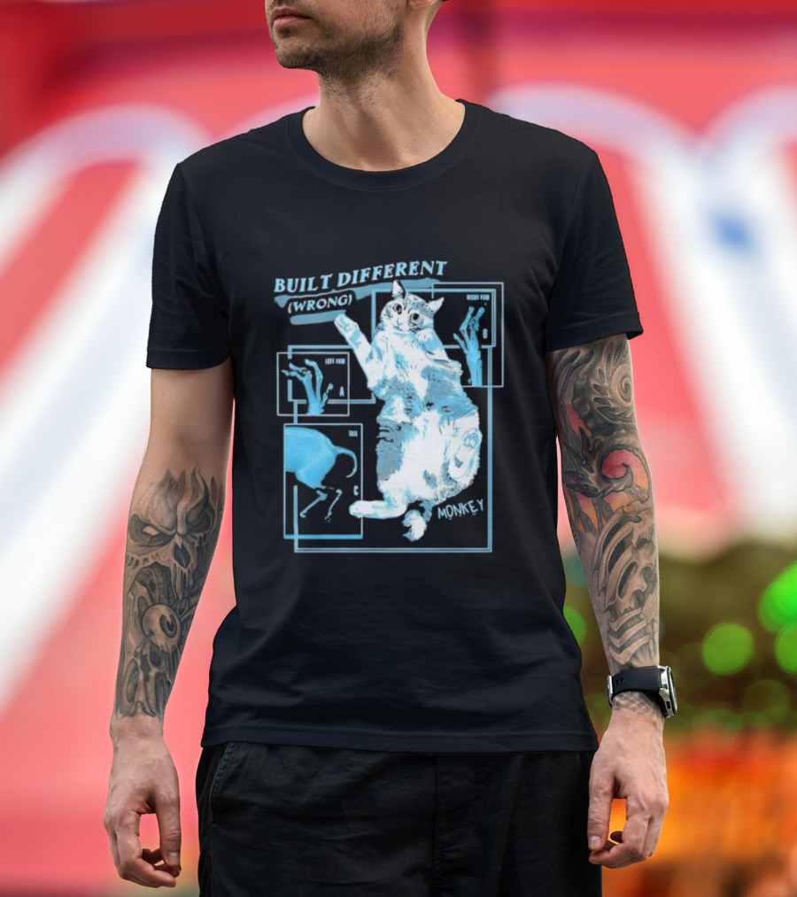Built Different Wrong Monkey Cat Blueprint Diagram T-Shirt