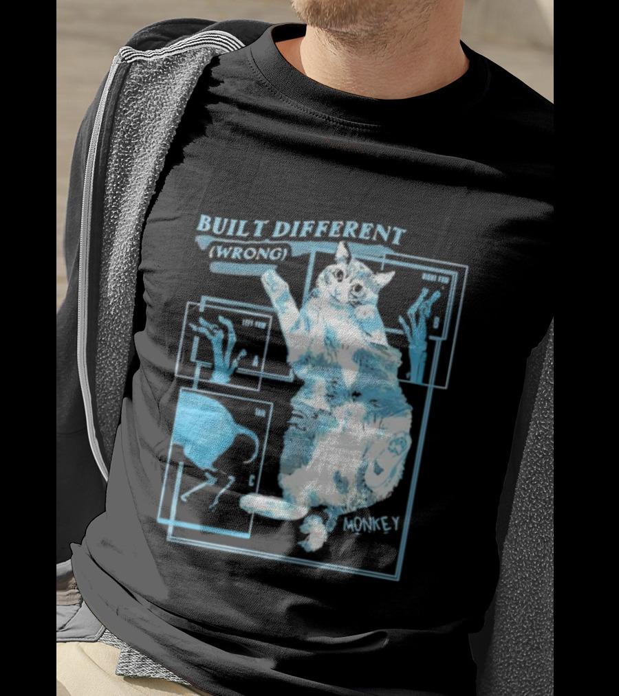 Built Different Wrong Monkey Cat Blueprint Diagram T-Shirt