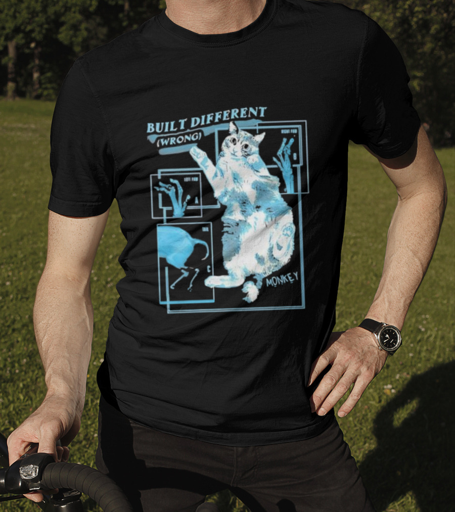 Built Different Wrong Monkey Cat Blueprint Diagram T-Shirt