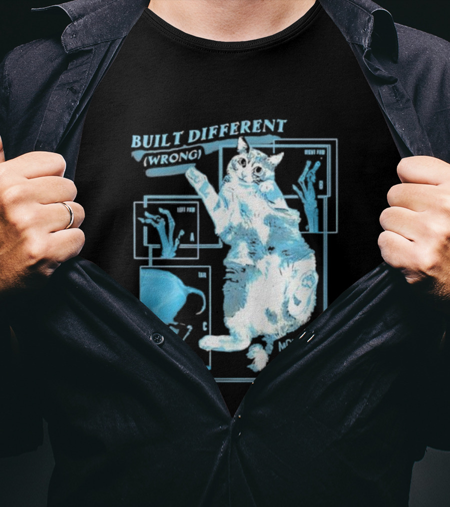 Built Different Wrong Monkey Cat Blueprint Diagram T-Shirt