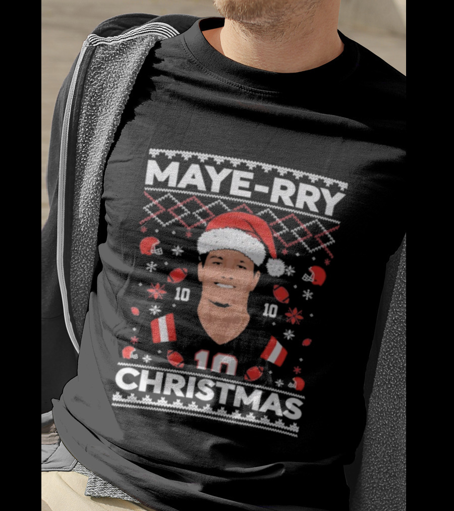 Maye-rry Christmas 10 Football Santa Hat T-Shirt