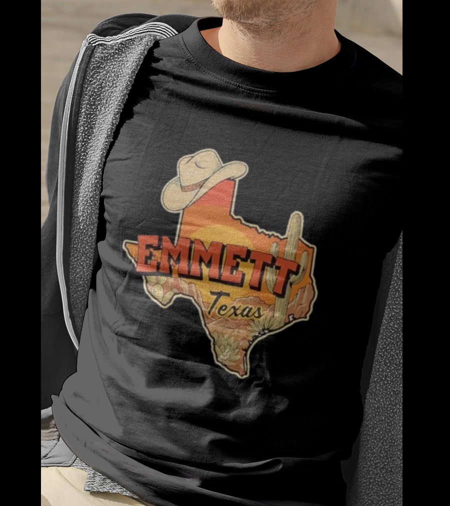 Emmett Texas Cowboy Hat Cactus Sunset Vintage Desert Scene T-Shirt