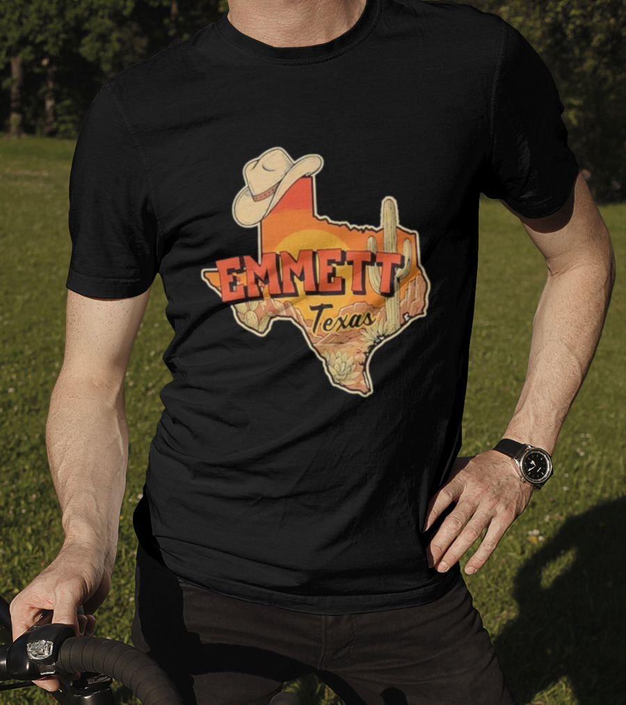 Emmett Texas Cowboy Hat Cactus Sunset Vintage Desert Scene T-Shirt