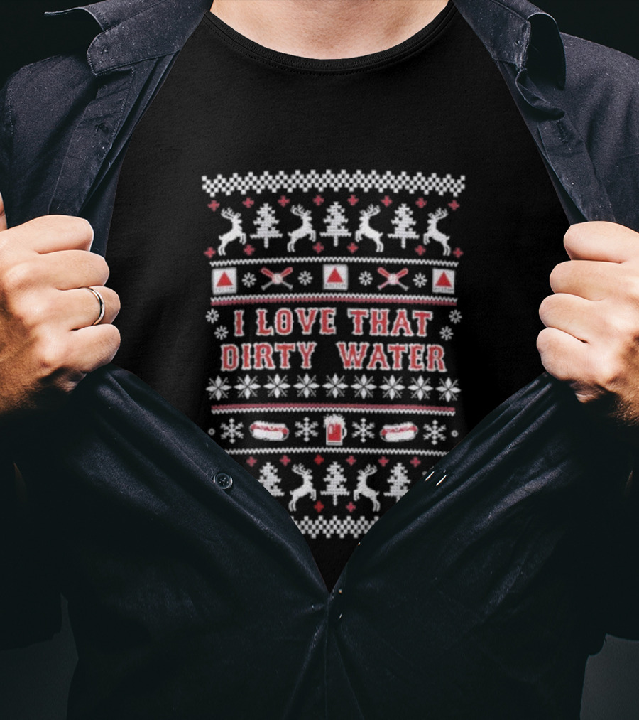 I Love That Dirty Water Christmas Tree Reindeer Crossing Hockey Ugly T-Shirt