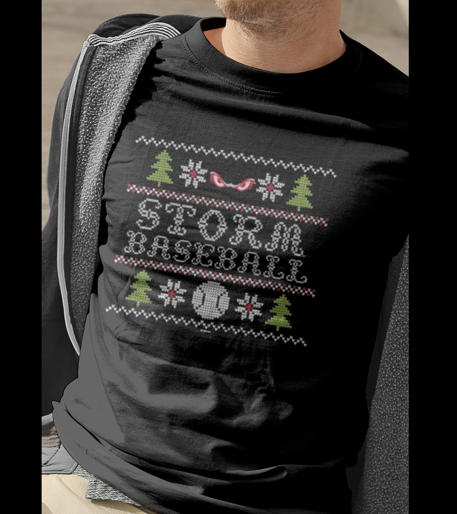 Lake Elsinore Storm Baseball Ugly Sweater Holiday Trees And Baseballs T-Shirt