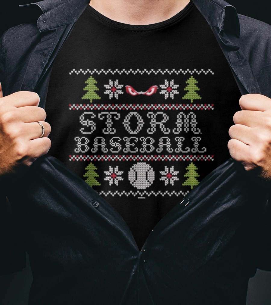 Lake Elsinore Storm Baseball Ugly Sweater Holiday Trees And Baseballs T-Shirt