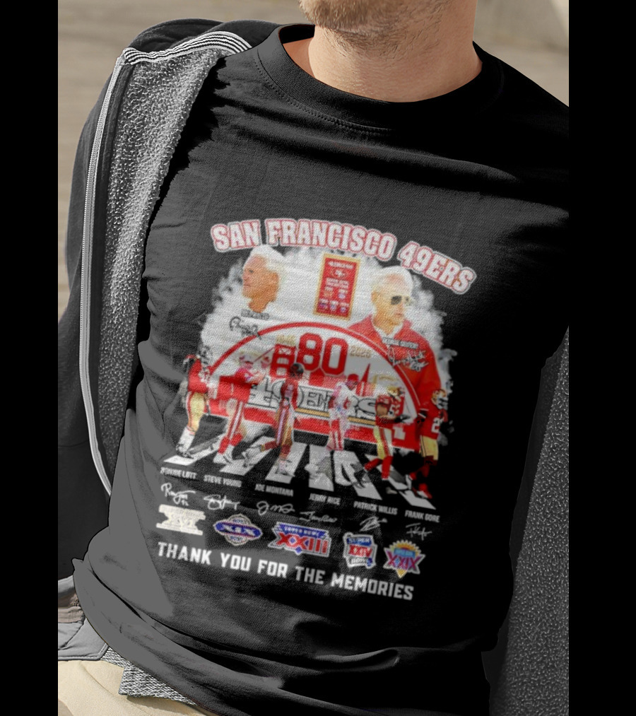 San Francisco 49ers 80 Years Two Coaches Players Signatures Super Bowl Memories T-Shirt