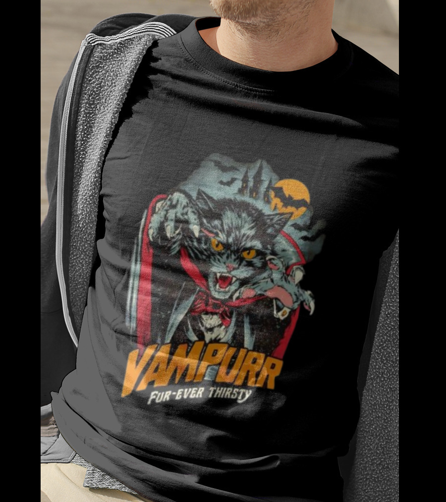Vampurr Fur-Ever Thirsty Vampire Cat Halloween Moon Bats T-Shirt