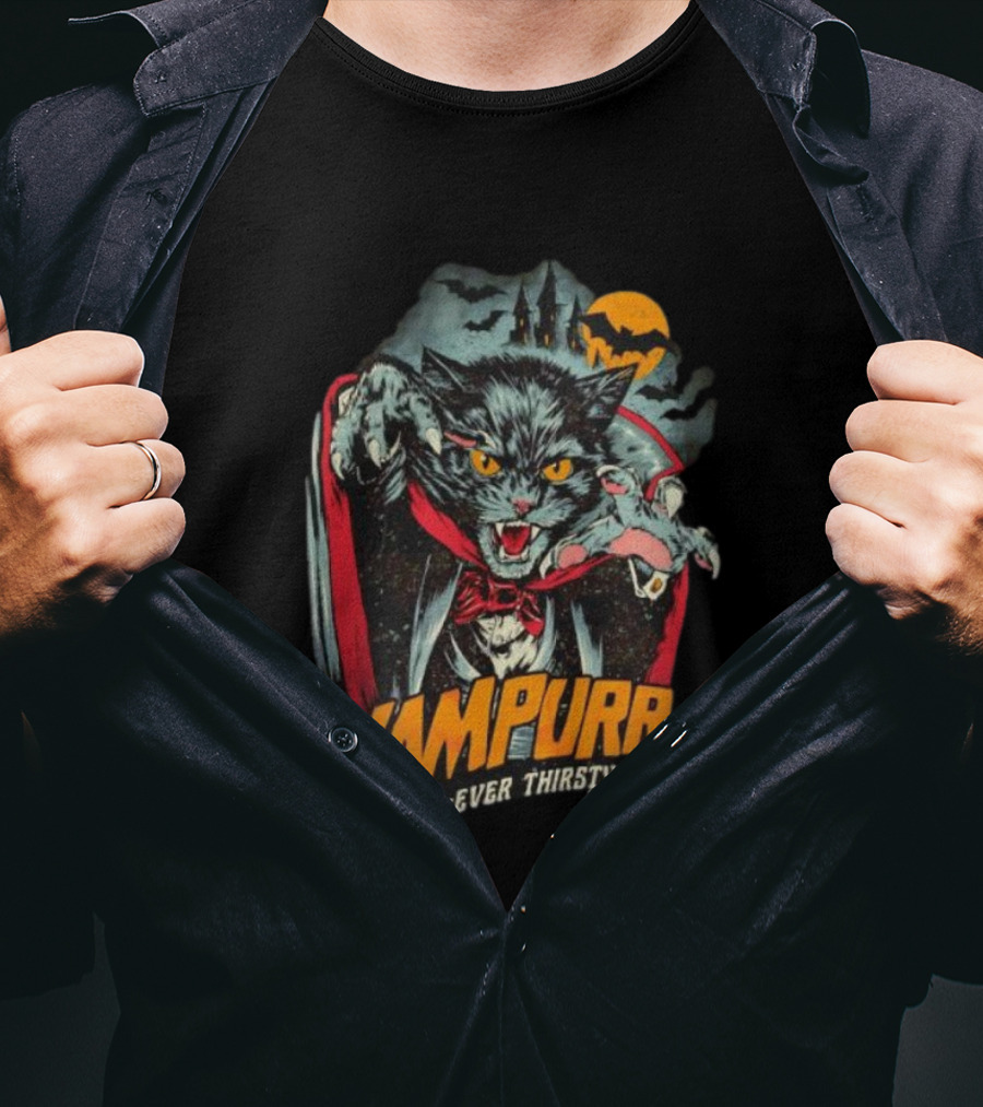 Vampurr Fur-Ever Thirsty Vampire Cat Halloween Moon Bats T-Shirt