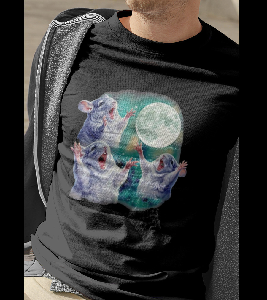 Three Chinchillas Howling At The Moon Cute Animal Meme Funny Rodent Lunar Scene T-Shirt