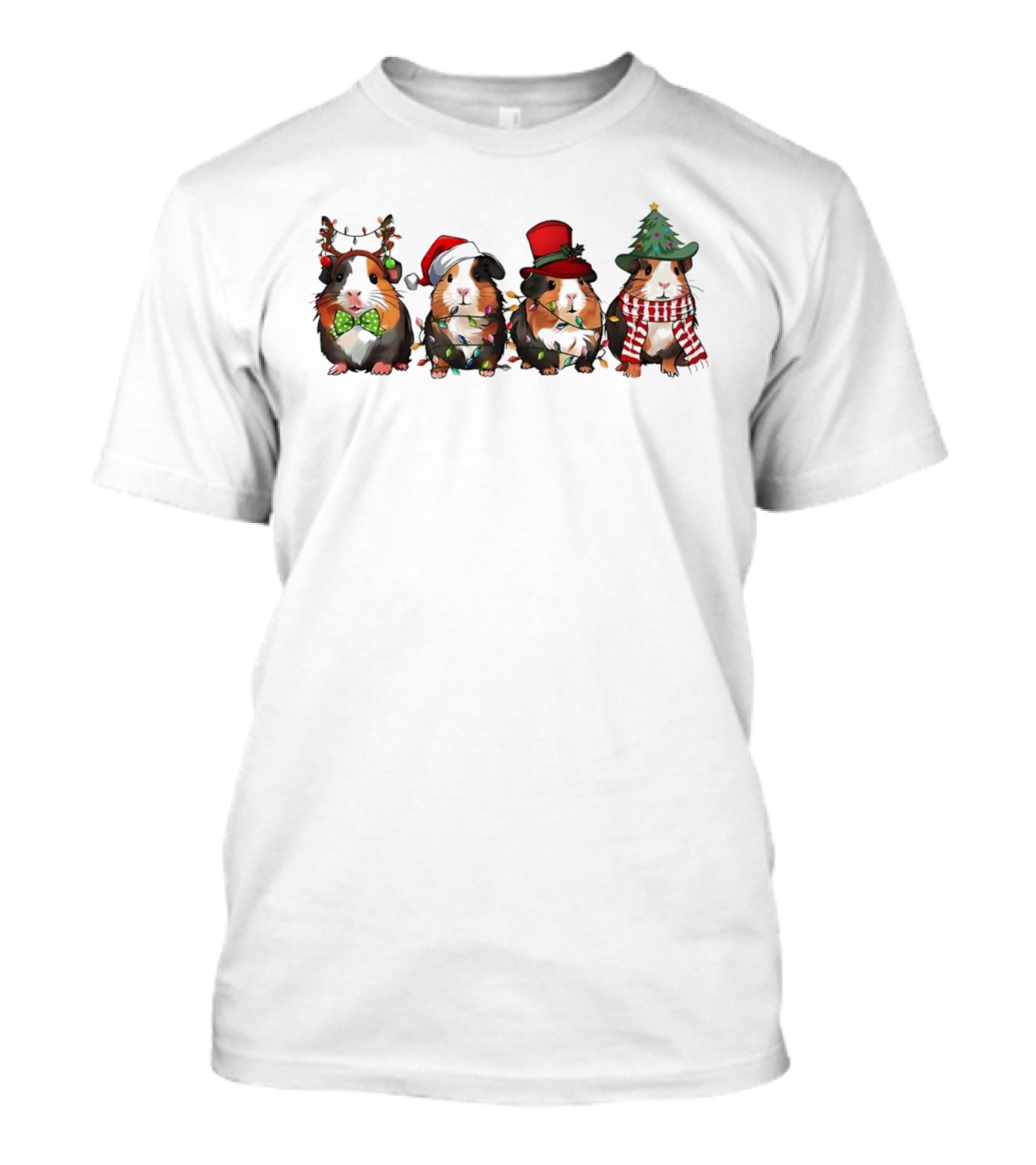 Guinea Pigs In Christmas Reindeer Santa Hats Tree Lights Holiday Theme T-Shirt
