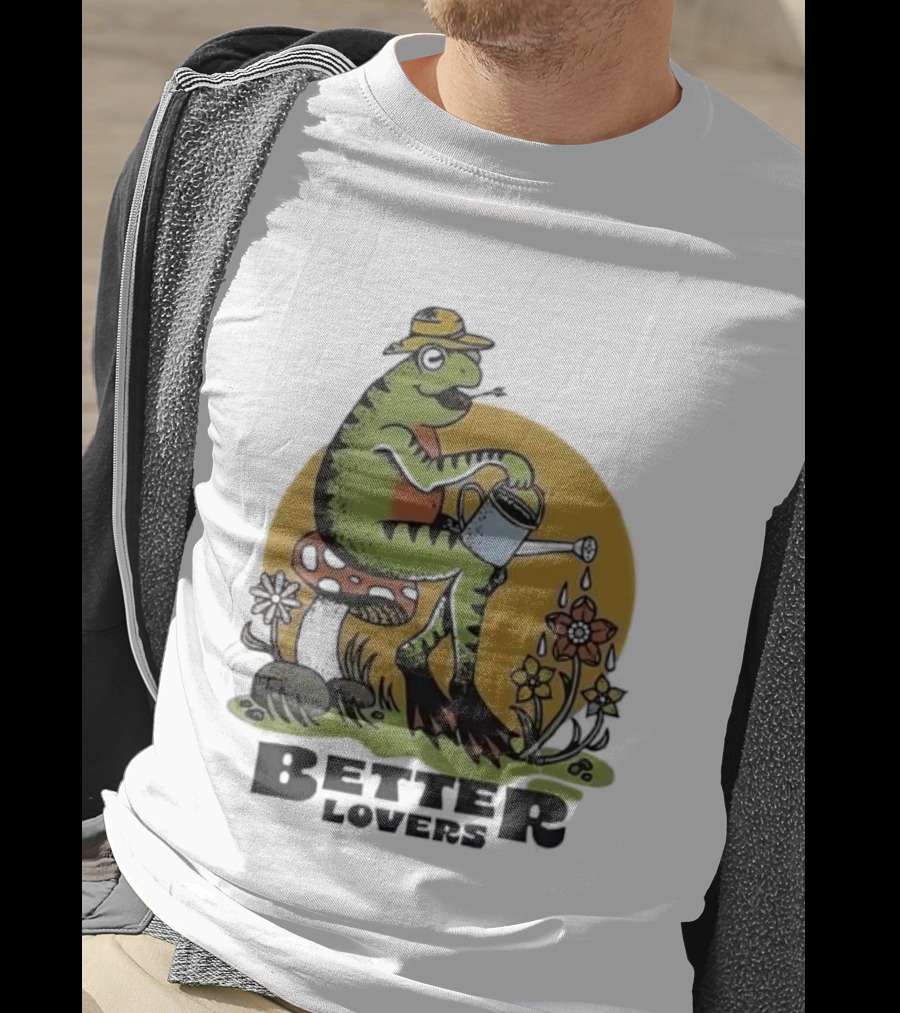 Frog On A Mushroom Watering Flowers Better Lovers Vintage Style T-Shirt