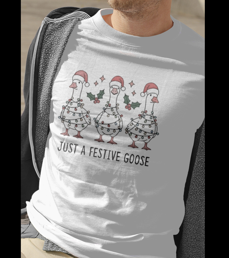 Festive Santa Hat Goose Wrapped In Christmas Lights Holiday Humor T-Shirt