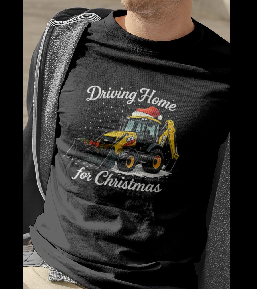 Driving Home For Christmas JCB Excavator Loader Santa Hat Snowfall Scene T-Shirt