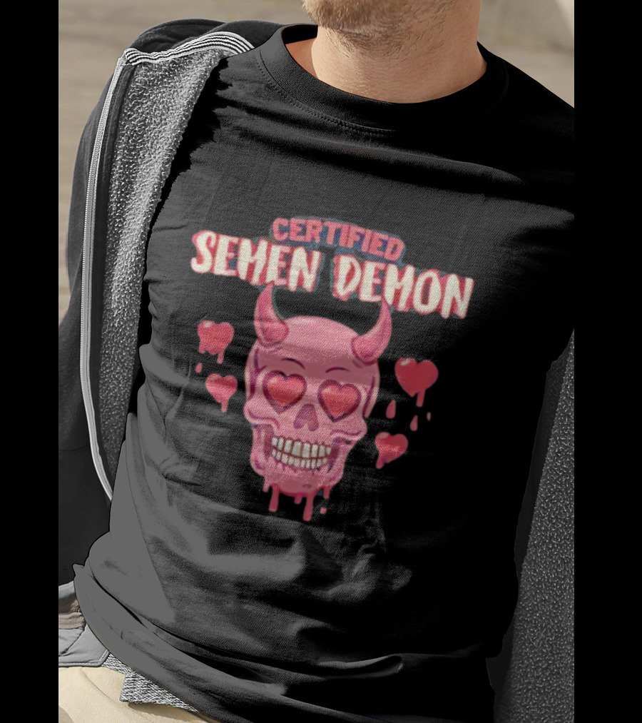 Certified Semen Demon Pink Skull With Heart Eyes And Horns T-Shirt
