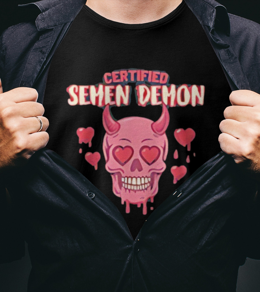 Certified Semen Demon Pink Skull With Heart Eyes And Horns T-Shirt