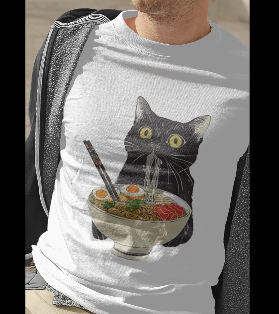 Black Cat Slurping Ramen With Chopsticks Japan Style T-Shirt
