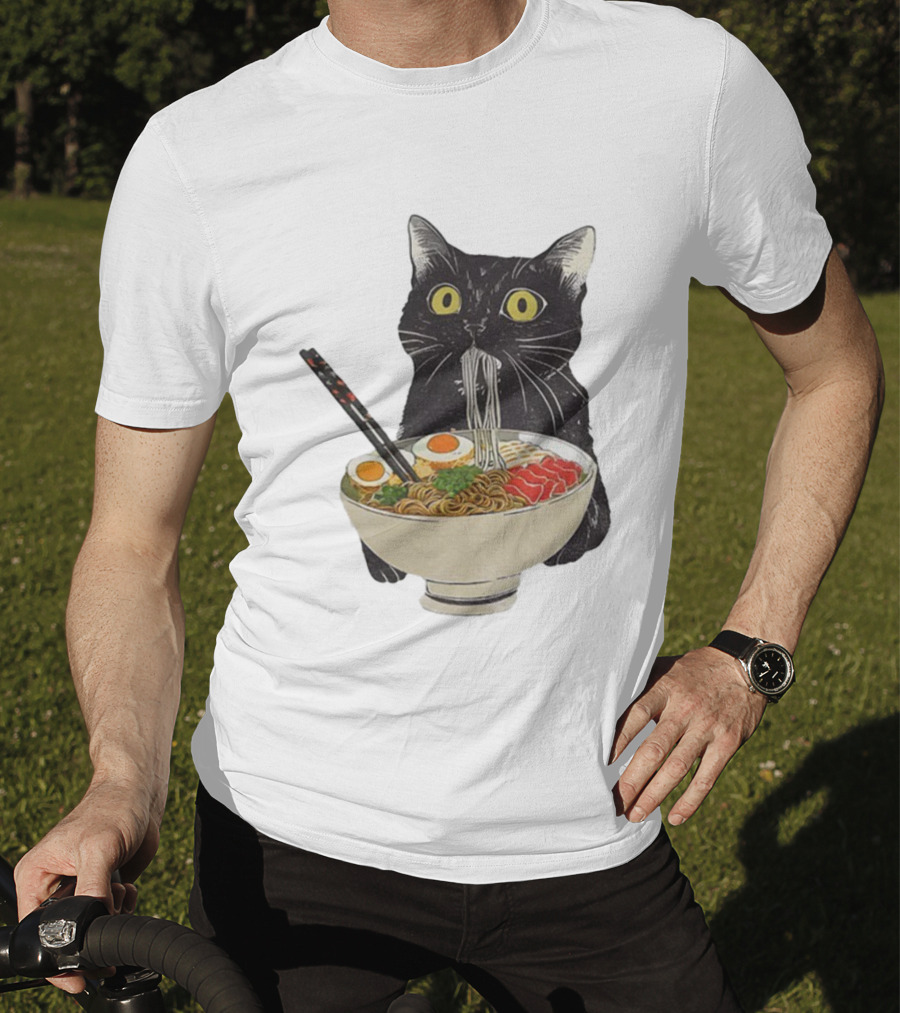 Black Cat Slurping Ramen With Chopsticks Japan Style T-Shirt