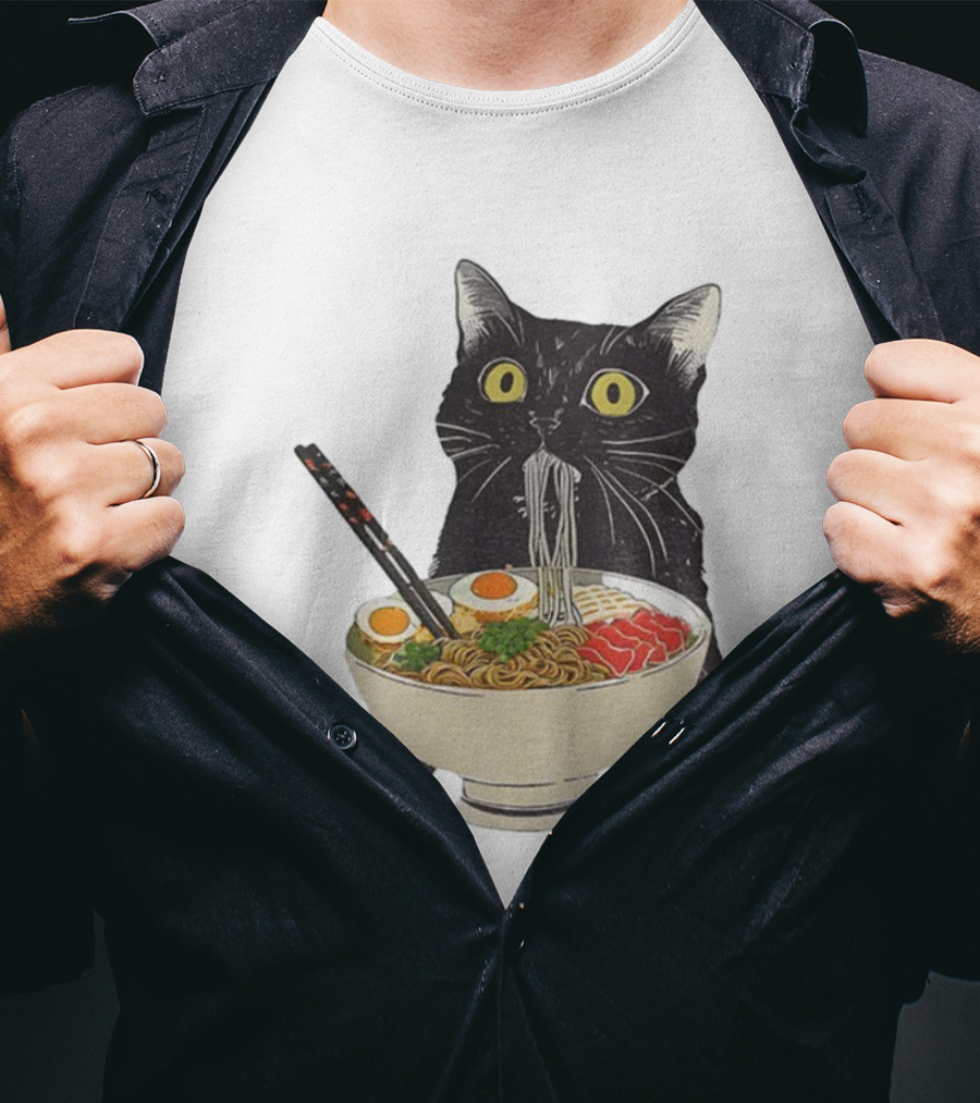 Black Cat Slurping Ramen With Chopsticks Japan Style T-Shirt