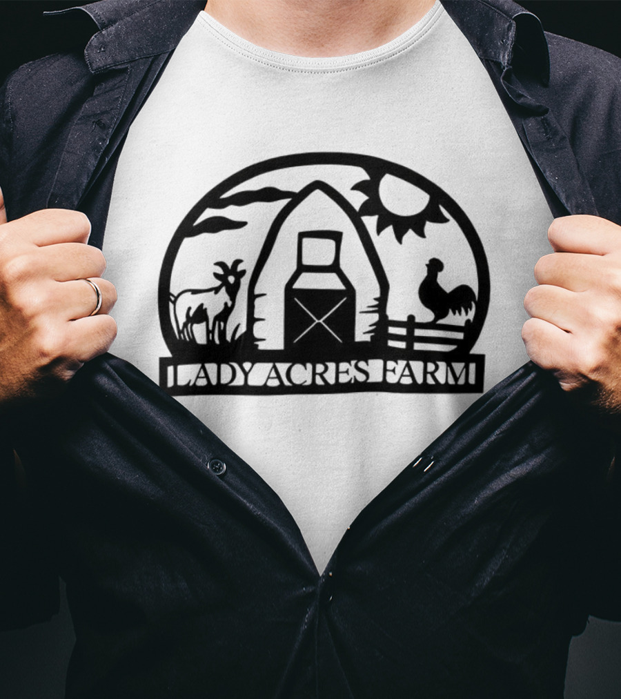 Lady Acres Farm Barn Sun Goat Rooster Fence Scene T-Shirt