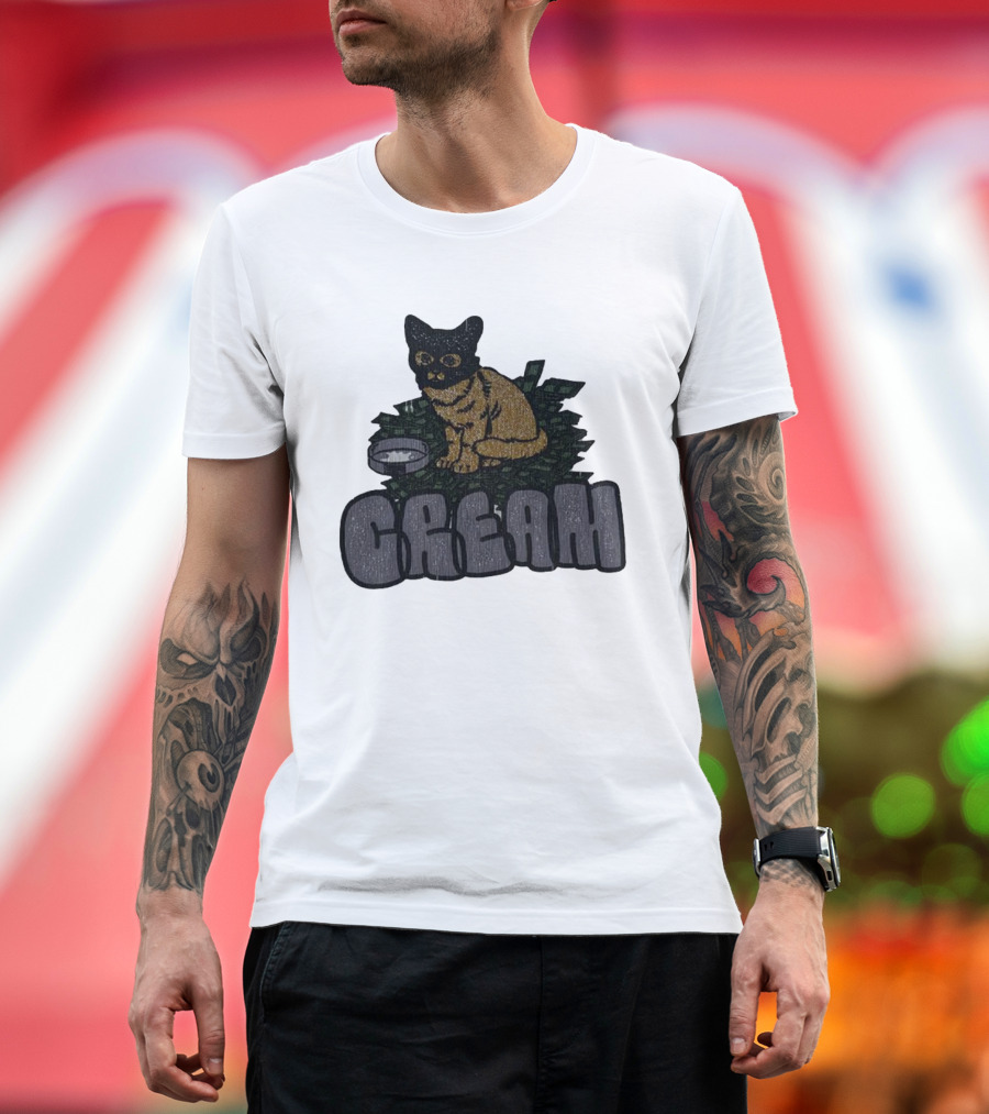 CREAM Cat Vintage Style With Bowl And Leafy Background T-Shirt