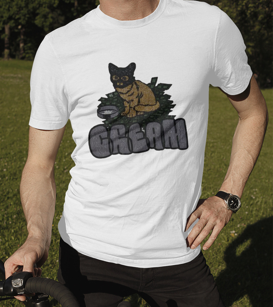CREAM Cat Vintage Style With Bowl And Leafy Background T-Shirt