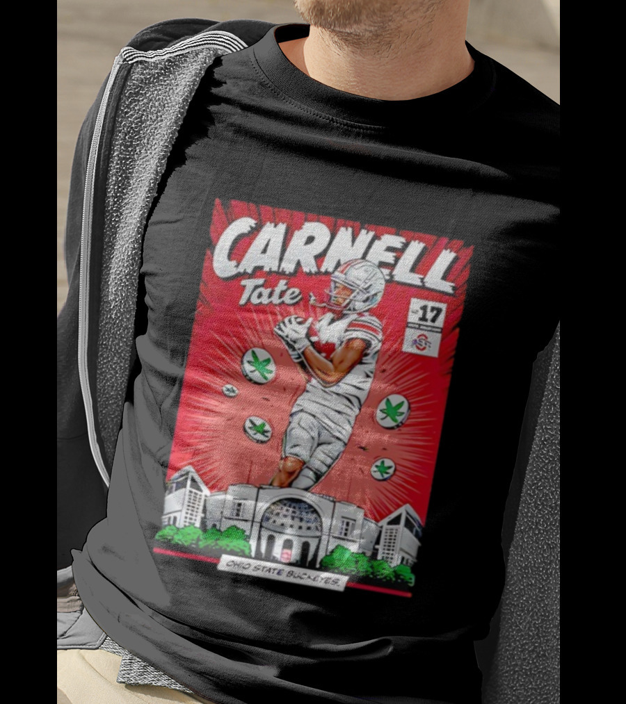 Carnell Tate Ohio State Buckeyes Comic No. 17 Buckeye Leaves Stadium T-Shirt