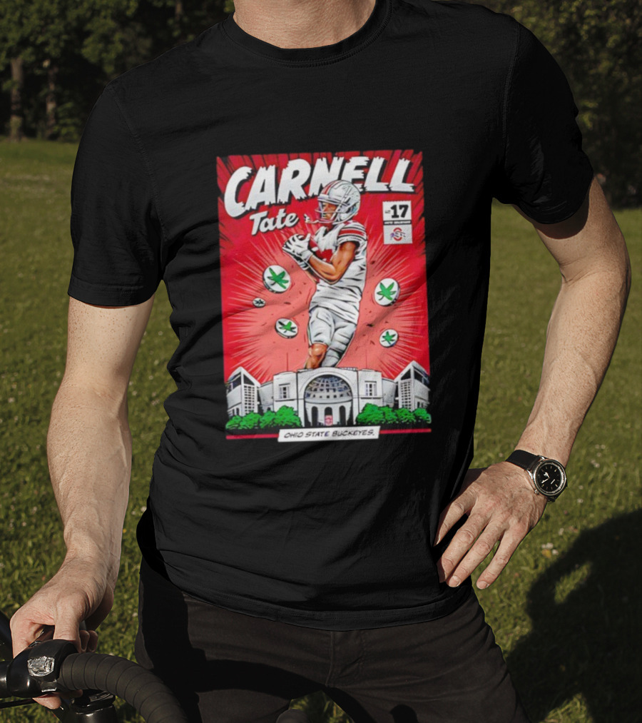 Carnell Tate Ohio State Buckeyes Comic No. 17 Buckeye Leaves Stadium T-Shirt
