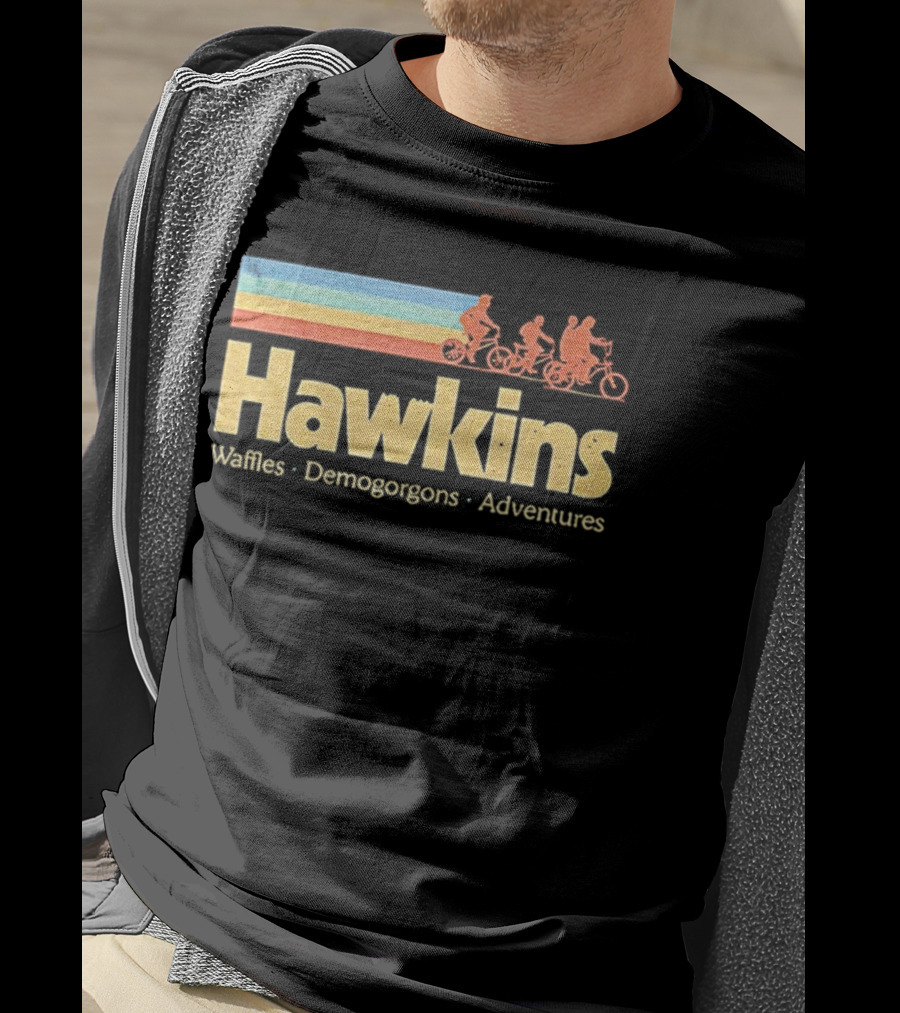 Hawkins Waffles Demogorgons Adventures Retro Stripe Bike Riders T-Shirt