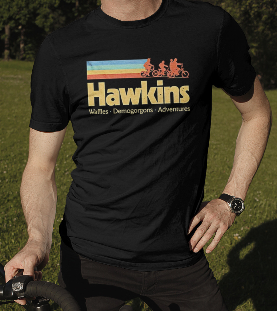 Hawkins Waffles Demogorgons Adventures Retro Stripe Bike Riders T-Shirt