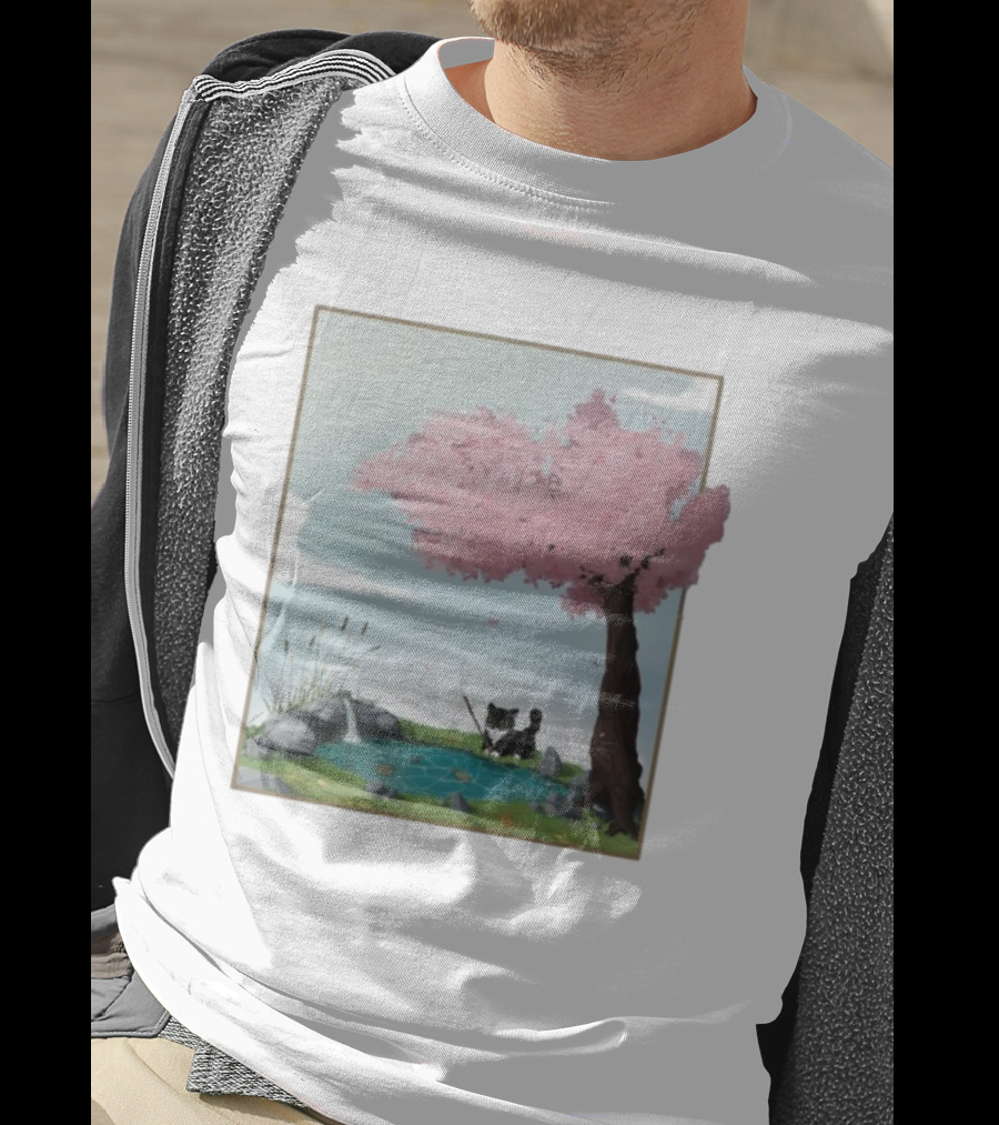 Cherry Blossom Cat Fishing By Tranquil Pond T-Shirt