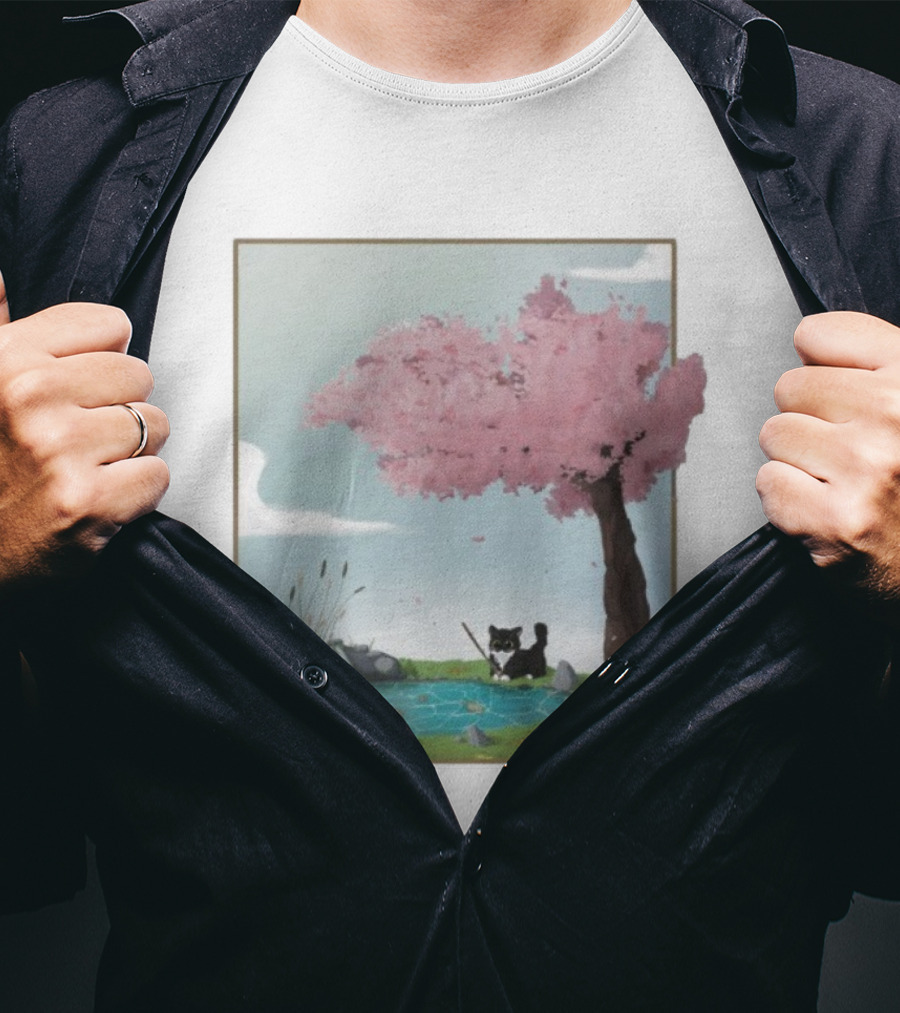 Cherry Blossom Cat Fishing By Tranquil Pond T-Shirt