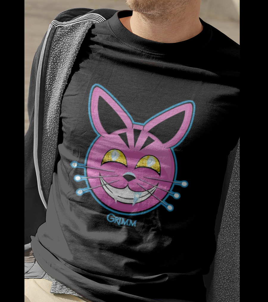 Grimm Retchid Kat Pink Cartoon Face With Yellow Eyes And Blue Whiskers T-Shirt